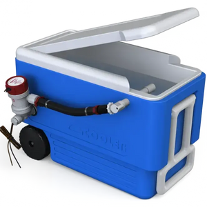 Blue cooler with a white lid, featuring a red and white Flow-Rite portable livewell conversion kit attached.