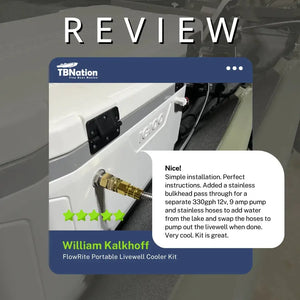 White Igloo cooler with a brass Flow-Rite livewell kit installed, showing a customer review.