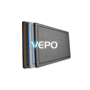 VEPO OrthoDek EVA foam helm pads in charcoal/black, blue, and brown with bordered edges.