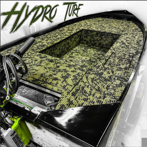 Hydro Turf Cut Groove EVA foam traction mat in TBNation Camo, installed on a black jon boat deck.