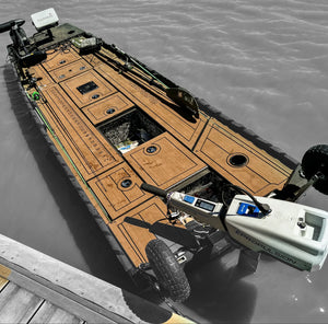 HydroTurf two-tone brown EVA foam decking on a boat, featuring custom routed patterns and a brushed finish.