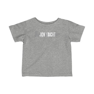 Gray infant fine jersey tee with "JON YACHT" printed in white on the front.