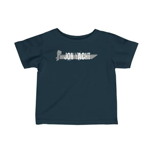 Navy infant fine jersey tee with "JON YACHT" and a boat graphic in light gray.