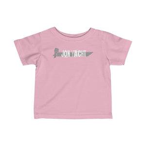 Pink infant fine jersey tee with "JON YACHT" boat graphic in light gray.
