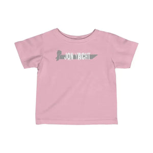 Pink infant fine jersey tee with "JON YACHT" boat graphic in light gray.