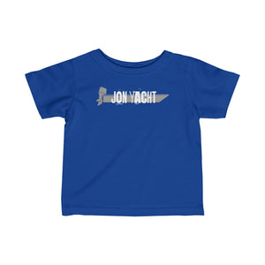 Blue infant fine jersey tee with "JON YACHT" and boat graphic.