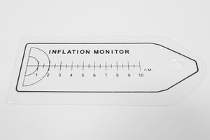 Clear plastic inflation gauge with black "INFLATION MONITOR" text and a 10cm ruler for kayaks.