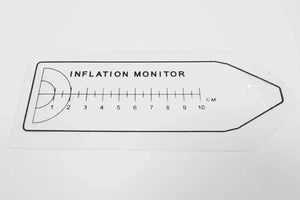 Clear plastic inflation gauge with black "INFLATION MONITOR" text and a 10cm ruler for kayaks.