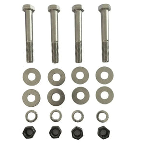 Four stainless steel bolts, eight flat washers, four lock washers, and four nuts for jackplate mounting.