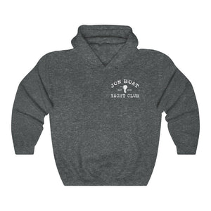 Dark gray Jon Boat Yacht Club hoodie with white logo, kangaroo pocket, and matching drawstring.