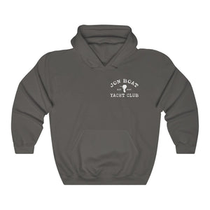 Charcoal gray cotton-polyester hoodie with "Jon Boat Yacht Club" logo and front kangaroo pocket.