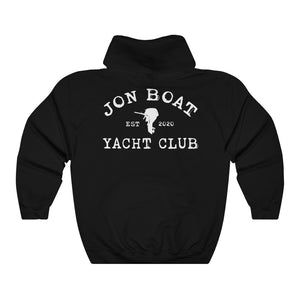 Black cotton-polyester hoodie with "Jon Boat Yacht Club EST 2020" and an outboard motor graphic in white.
