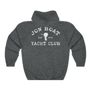 Dark gray cotton-polyester hoodie with "Jon Boat Yacht Club" and an outboard motor graphic in white.