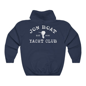Navy blue cotton-polyester hoodie with "Jon Boat Yacht Club" and outboard motor graphic in white.