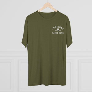 Olive green tri-blend regular fit tee with white "Jon Boat Yacht Club" logo.