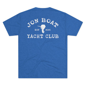 Blue tri-blend t-shirt with "Jon Boat Yacht Club" and an outboard motor graphic in white.
