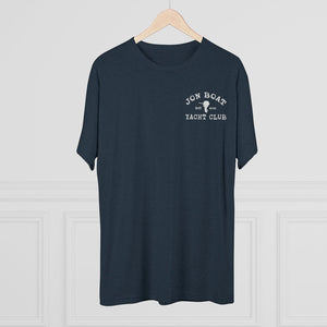 Navy tri-blend tee with "Jon Boat Yacht Club" logo in white on the left chest.