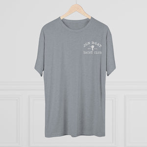 Light gray tri-blend tee with "Jon Boat Yacht Club" logo in white on the left chest.