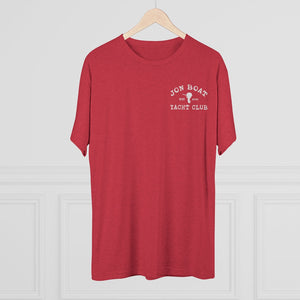 Red tri-blend regular fit t-shirt with "Jon Boat Yacht Club" logo on left chest.
