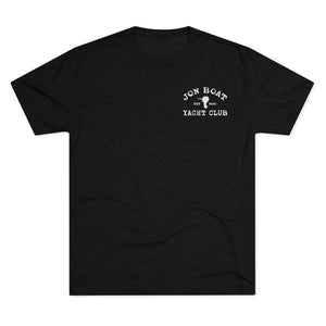 Black tri-blend regular fit tee with white "Jon Boat Yacht Club" graphic and outboard motor design.