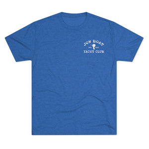Blue tri-blend Jon Boat Yacht Club t-shirt with white graphic on left chest.