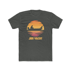 Charcoal gray Jon Yacht t-shirt with a sunset graphic of a man and dog in a boat.