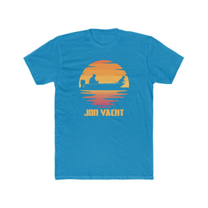 Blue Jon Yacht t-shirt with a sunset graphic featuring two people in a boat.