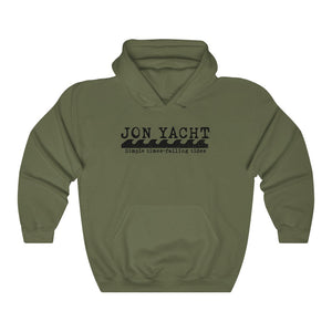 Jon Yacht olive green hooded sweatshirt with black wave graphic and kangaroo pocket.