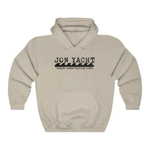 Jonny Waves sand-colored cotton-polyester blend hooded sweatshirt with "JON YACHT" and wave graphic.