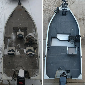 Overhead view of a boat deck, before and after installing a gray flip-up stowable JumpSeat.