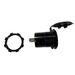Black 12V-24V LED voltmeter with waterproof cap, shown with mounting ring.