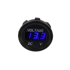 Black LED voltmeter with a bright blue digital display showing "13.3 VOLTAGE DC V".