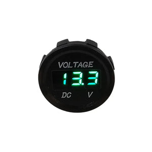 Round black LED voltmeter with a bright green digital display showing "13.3 V" and "VOLTAGE DC".