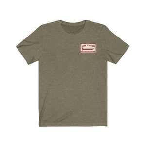 Olive green soft cotton short sleeve tee with "JON YACHT PEOPLE TIRED AND FALLING TIRED" graphic.