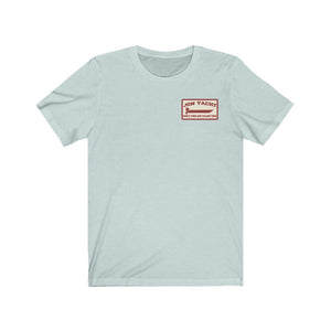 Light blue soft cotton short sleeve tee with a red "JON YACHT" logo on the left chest.