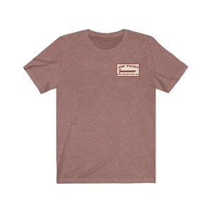 Ladies' soft cotton jersey short sleeve tee in mauve with a red "JON YACHT" logo.