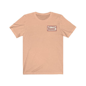 Peach short sleeve tee with "JON YACHT" logo and "PEOPLE TIRED AND FALLING TIRED" text.