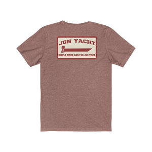 Heather maroon short sleeve tee with "Jon Yacht" and boat graphic.