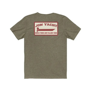 Ladies' soft cotton jersey tee in olive green with a red "Jon Yacht" boat graphic.