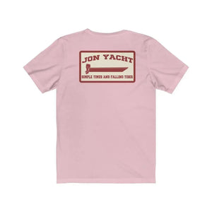 Light pink short sleeve jersey tee with a "Jon Yacht" boat graphic on the back.
