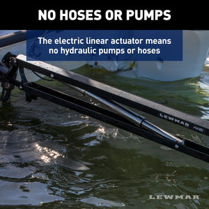 Black Lewmar Axis electric shallow water anchor with a silver linear actuator on a boat.