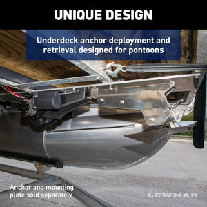 Lewmar Venta under-deck electric pontoon anchor winch with a silver housing, mounted discreetly.