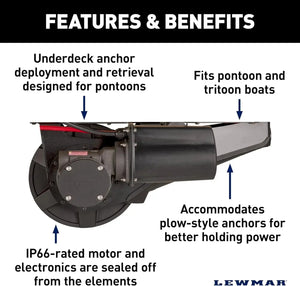 Lewmar Venta electric pontoon anchor winch, black, under-deck design, IP66 motor, fits plow-style anchors.