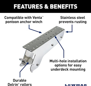 Silver stainless steel pontoon anchor winch bracket with multi-hole mounting and durable Delrin rollers.