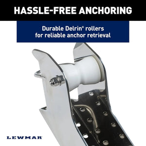 Lewmar Venta pontoon anchor winch with polished stainless steel frame and white Delrin rollers.