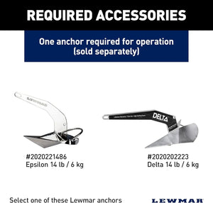 Two Lewmar anchors: a silver Epsilon and a black and silver Delta, both 14 lb / 6 kg.