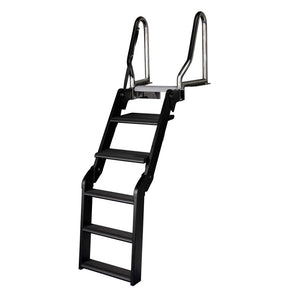 Black 4-step Lippert SureStep pontoon boat ladder with wide, slip-resistant steps and stainless steel handrails.