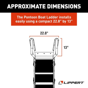 Lippert SureStep pontoon boat ladder dimensions: 22.8" wide by 13" deep, black with silver rails.