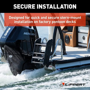 Lippert SureStep pontoon boat ladder with wide, slip-resistant steps, stern-mounted on a black Mercury outboard.