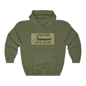 Olive green Longtail Camo Hooded Sweatshirt with "LONGTAIL MUD YACHT" graphic and front pocket.